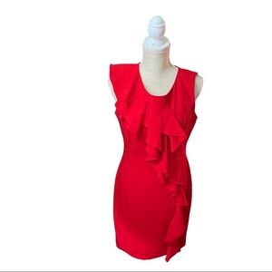 Calvin Klein Red Sleeveless Waterfall Ruffle Lined MIDI Sheath Dress Women 8